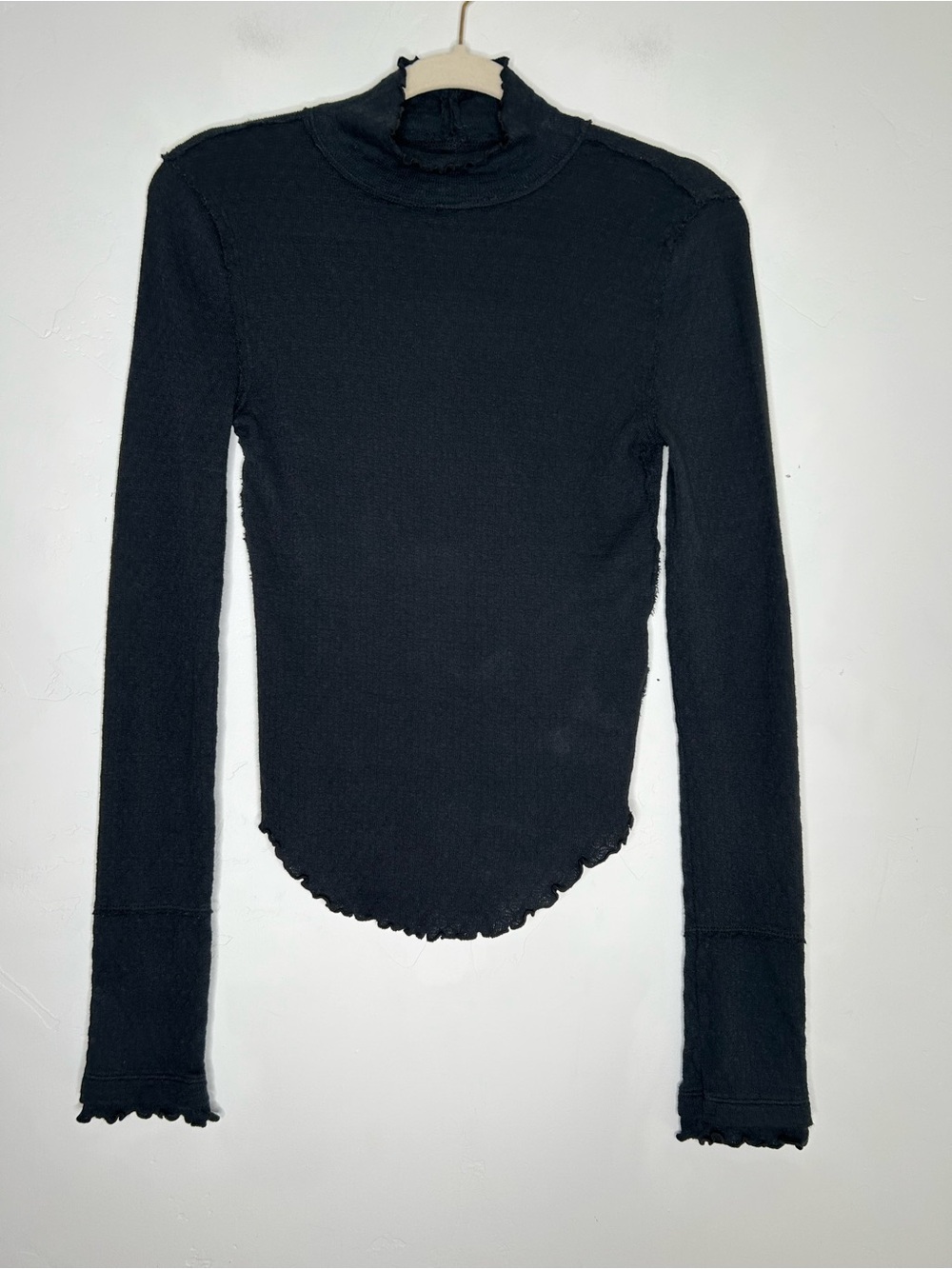 NWT We The Free Black Sara Pointelle Long-Sleeve Turtle Neck Lettuce Edge Small